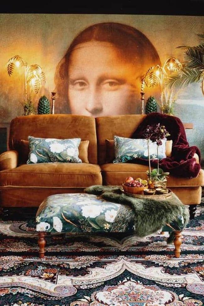 Gold Sofa With Tropical Flair