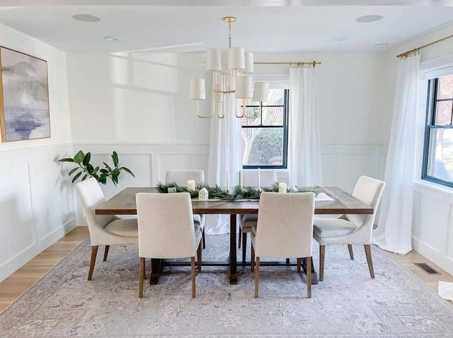Off-White Wainscoting Meets Gold Chandelier