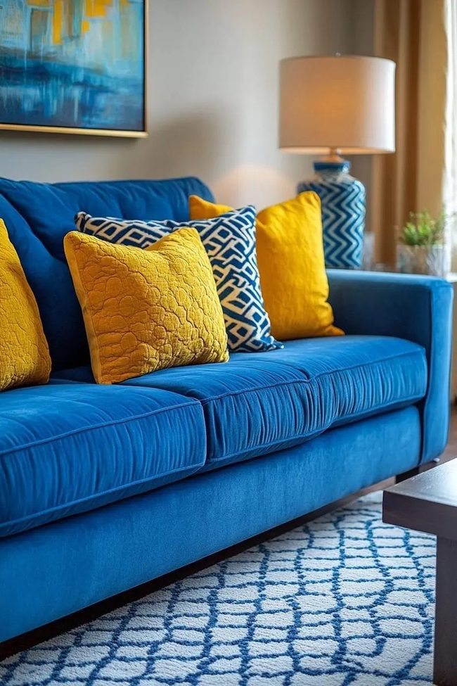 Bright Blue Sofa With Yellow Pops