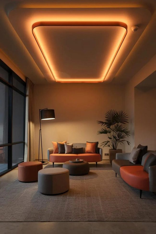 Orange Strip Lighting Over Gray Furniture