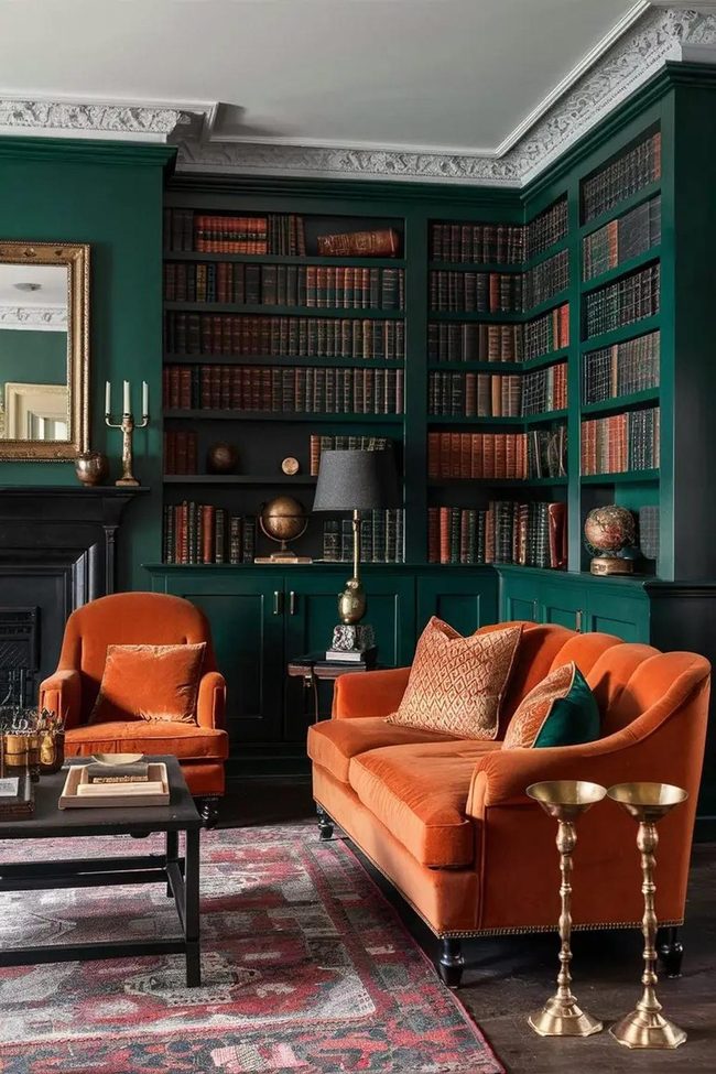 Deep Green Library With Burnt Orange Accents