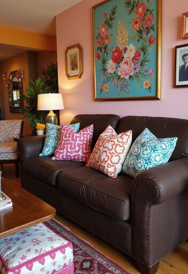 Dark Brown Couch With Layered Patterns