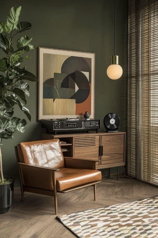 Green Wall Mid-Century Leather Living