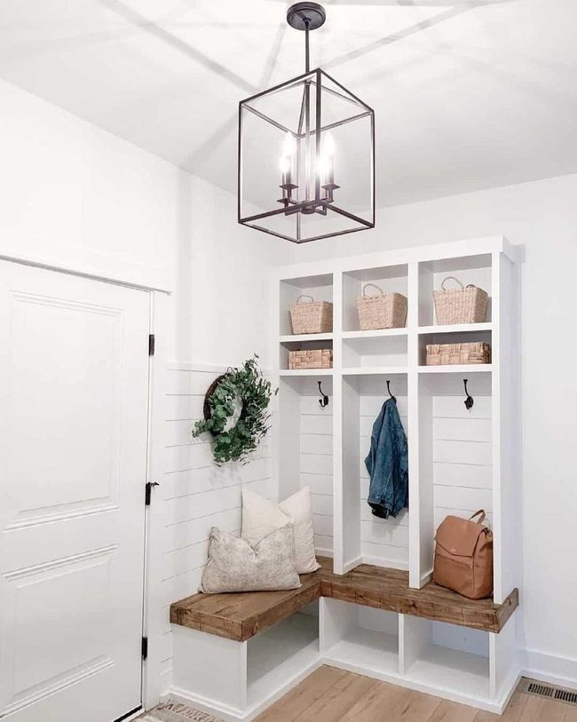 Shiplap Walls, Green Wreath, Wood Bench