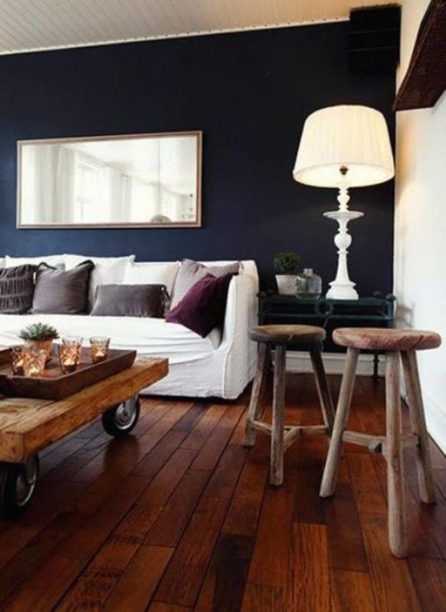 Dark Wood Floors, Navy Walls, White Sofas