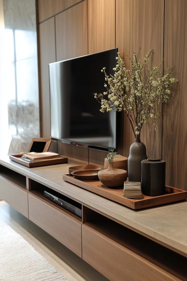 Metallic Tray Organizes Tv Stand