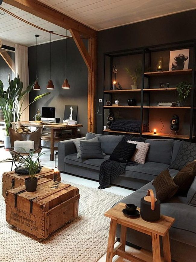 Charcoal Walls, Wooden Beams, Gray Comfort