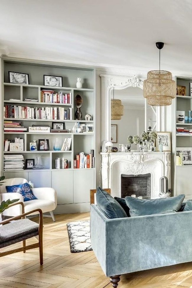 Light Wood Floors With Gray-Green Shelves
