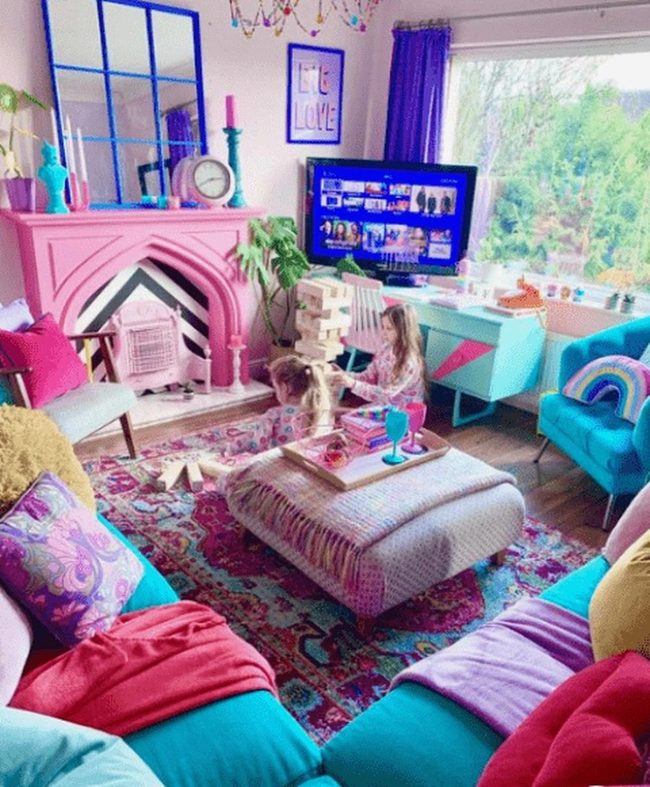 Pink Fireplace With Black Stripes