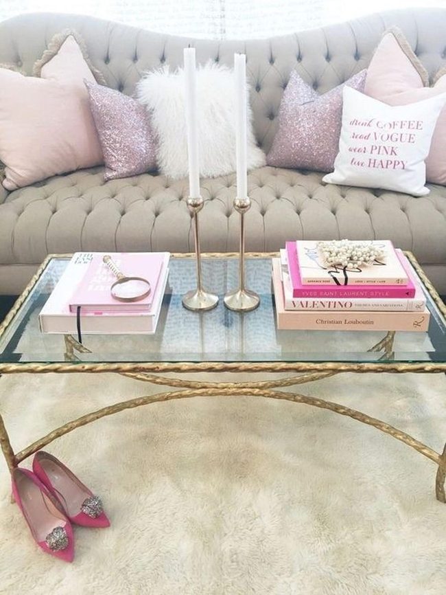 Gold-Legged Glass Table Anchors Pink Pillows