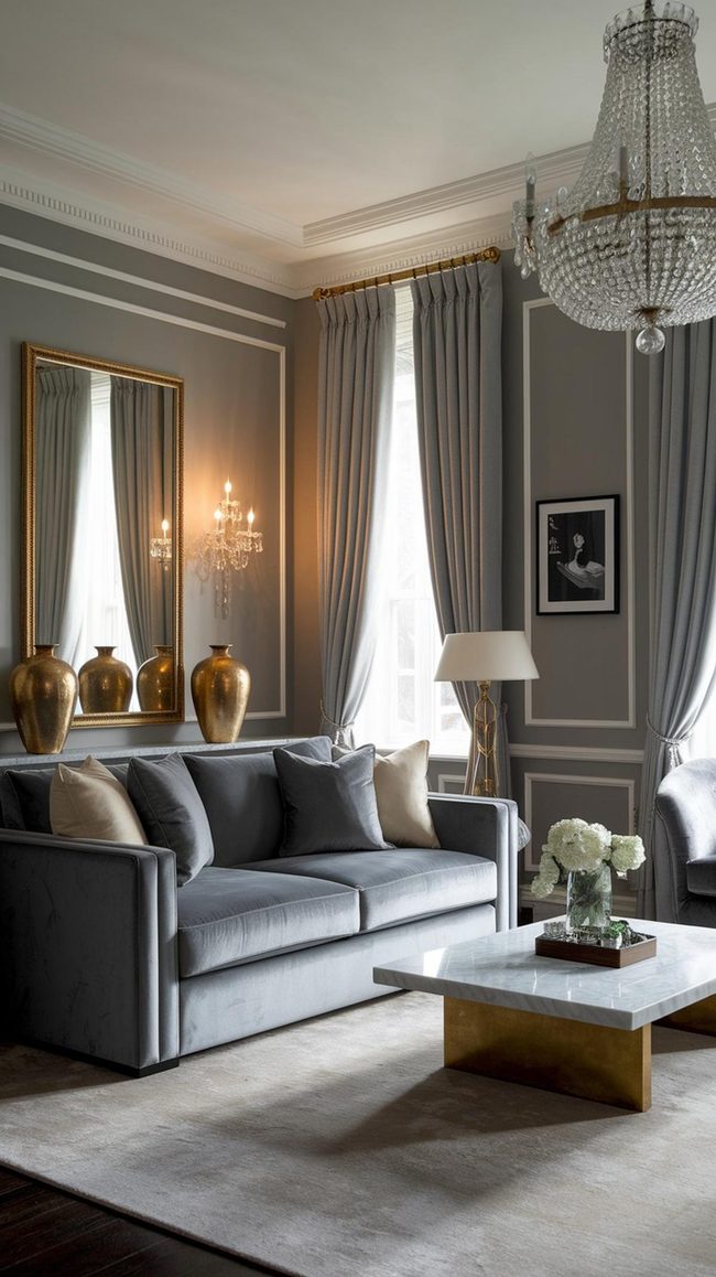 Crystal Chandelier Gray Living Room
