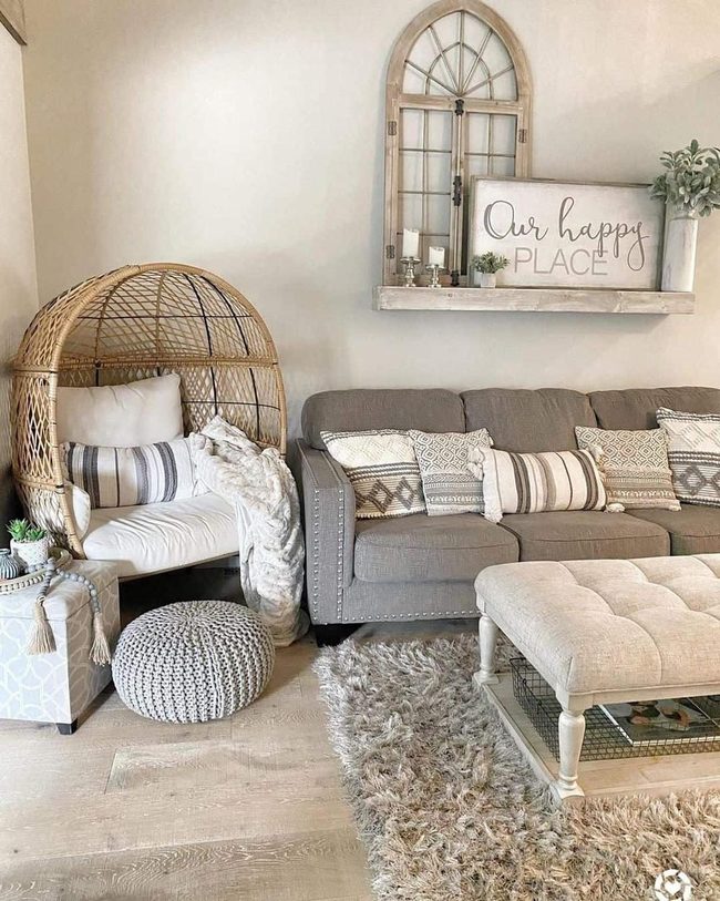 Grey Knit Poufs Meet Rattan
