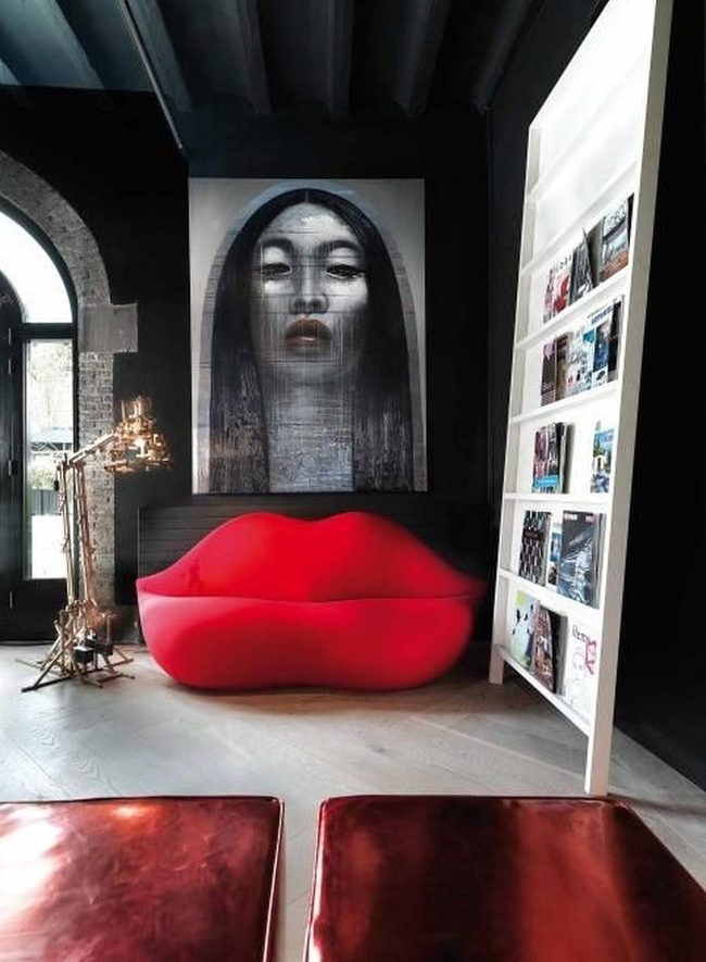 Red Lip Couch Meets Dark Walls