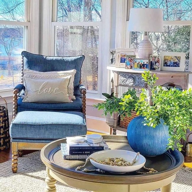 Cream Table, Blue Chair Contrast