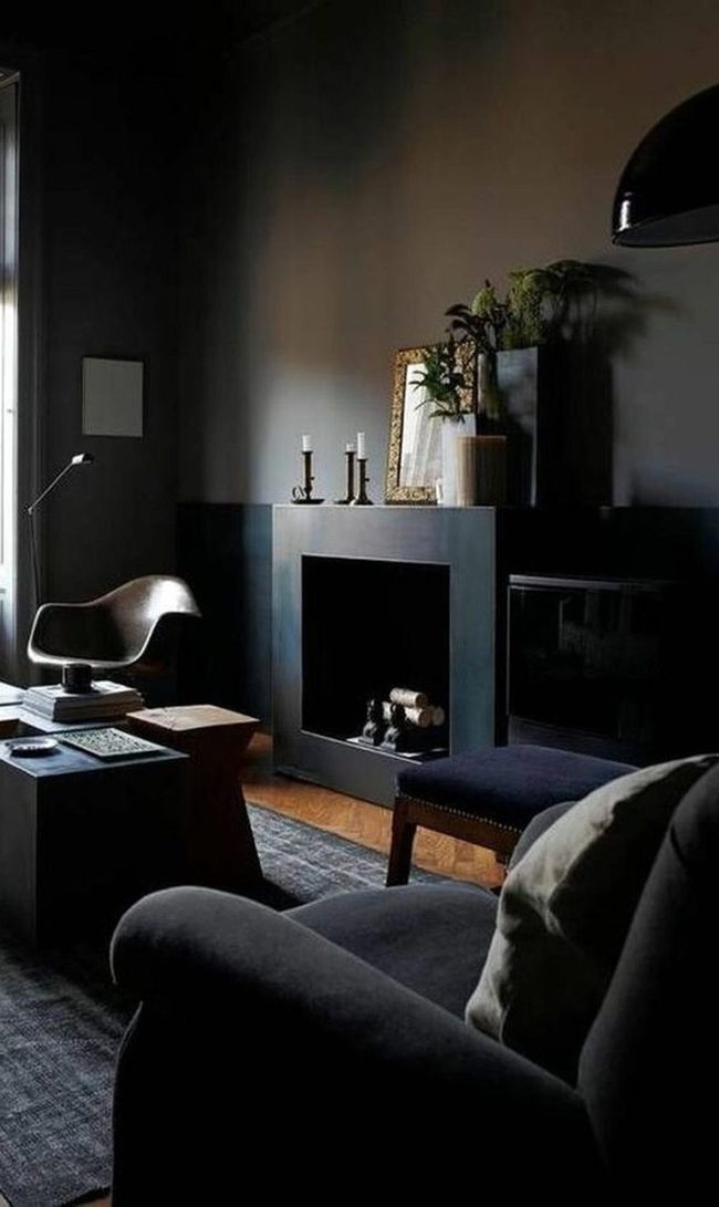 Black Walls Warm Wood Contrast