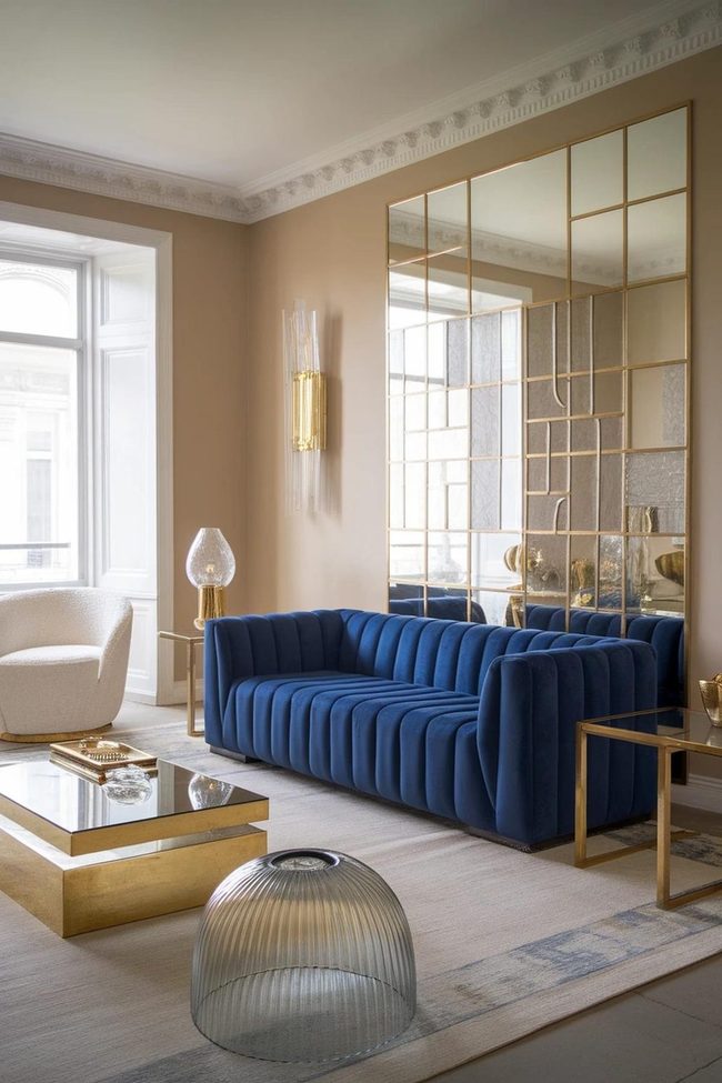 Gold Accents With Deep Blue Sofa