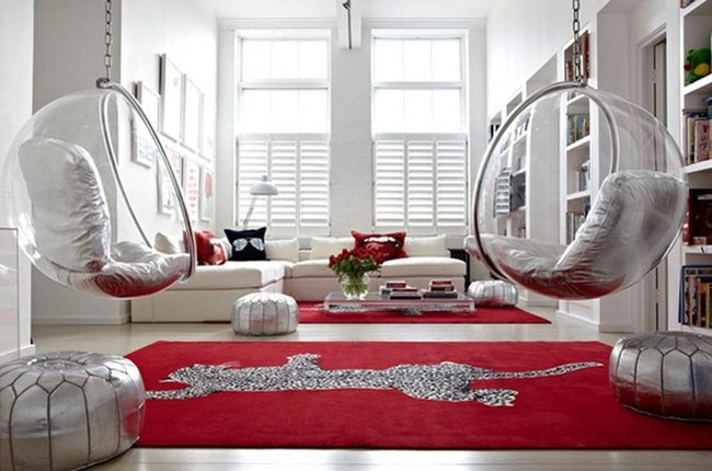 Red Rug Anchors Modern Minimalist Space