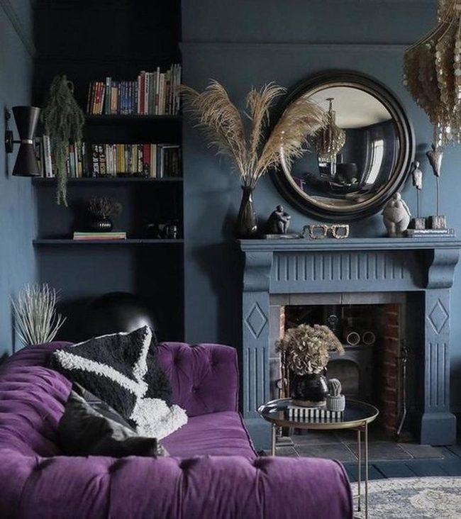 Deep Blue Walls Purple Couch Light
