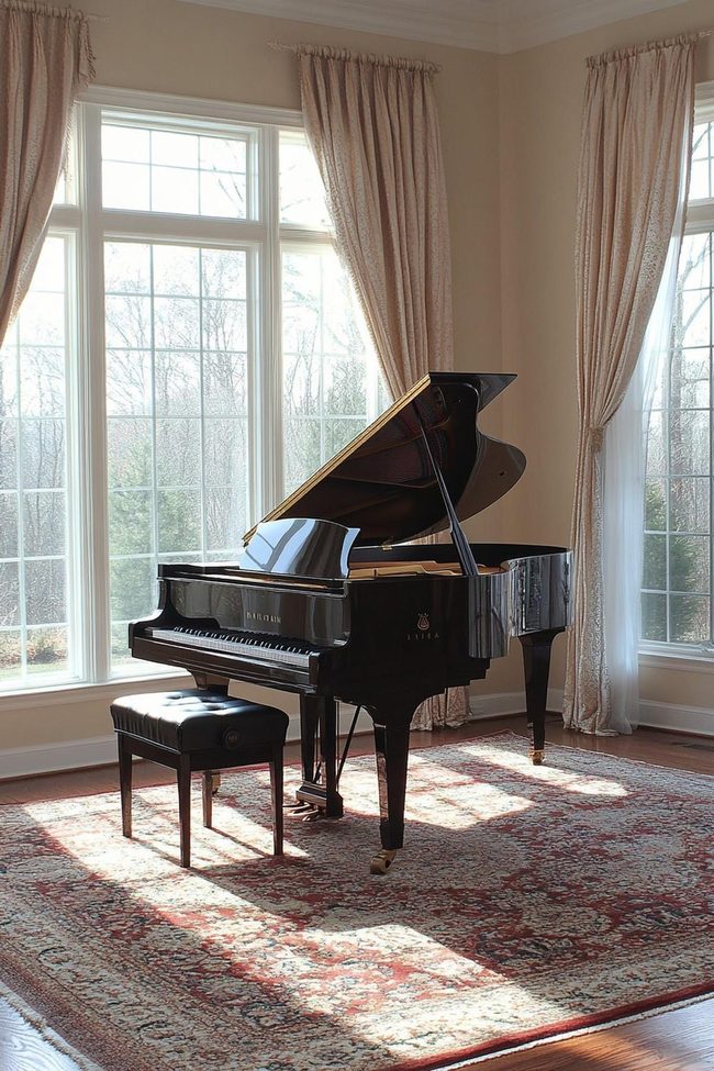 Black Grand Piano Against Statement Wall