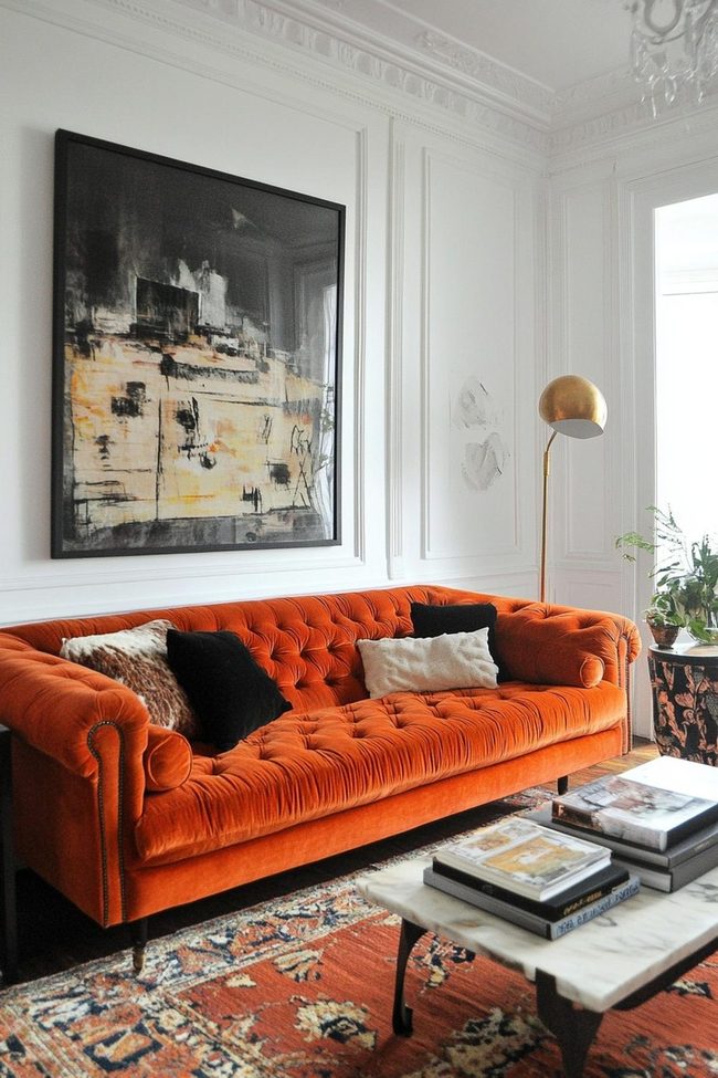 Burnt Orange Statement Sofa Centerpiece