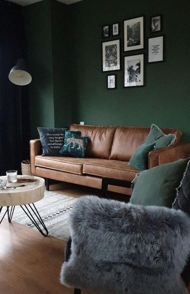 Deep Green Walls Brown Leather Living