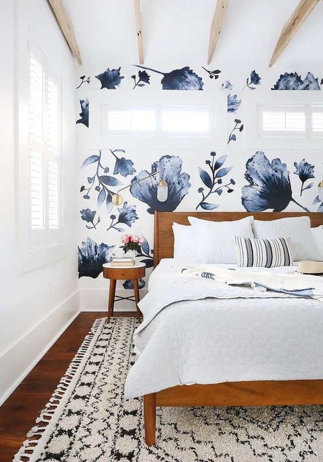 Blue Floral Artwork Meets White Simplicity