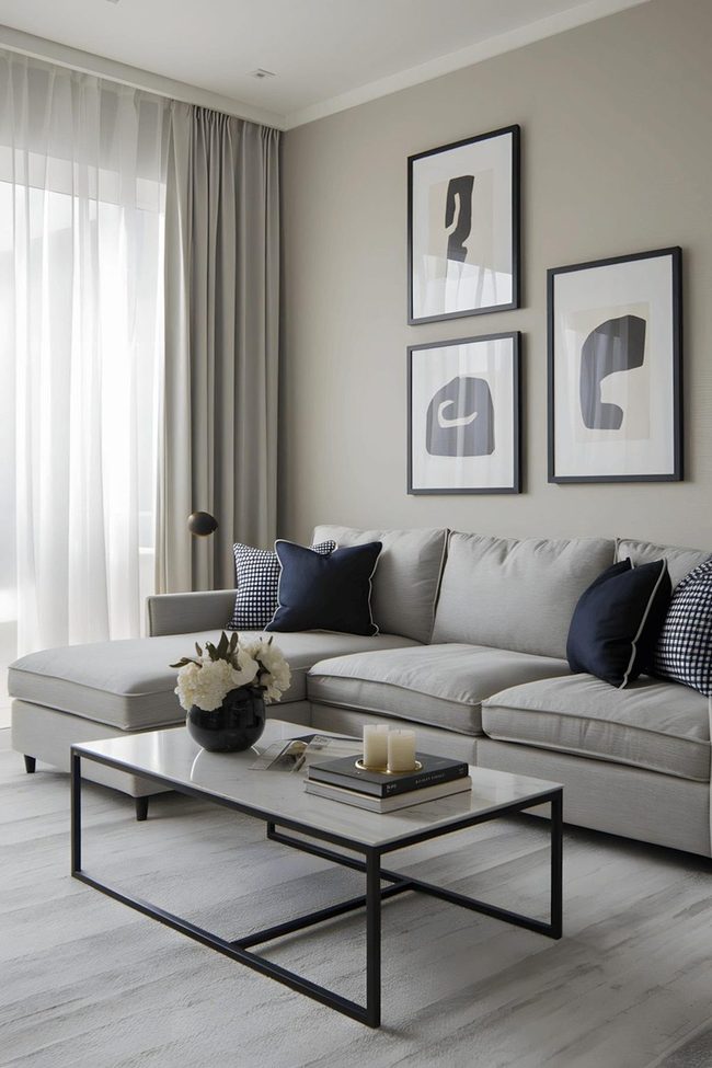 Grey Sectional With Navy Accents And Marble Details