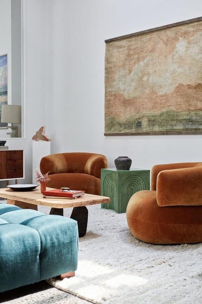 Brown Rounded Chairs With Blue Accent