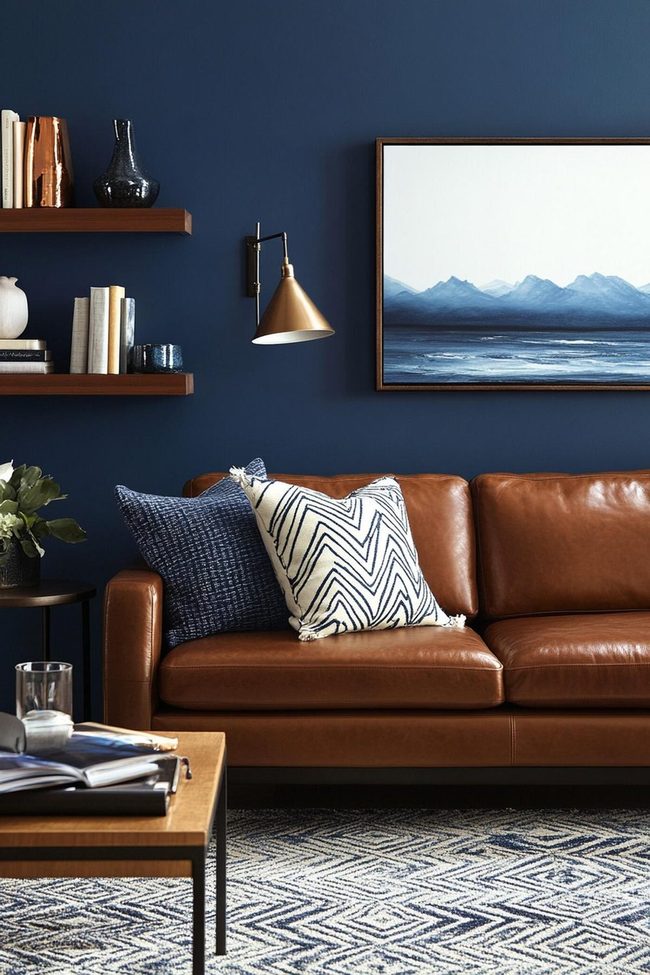 Navy Blue Wall Brown Leather Statement