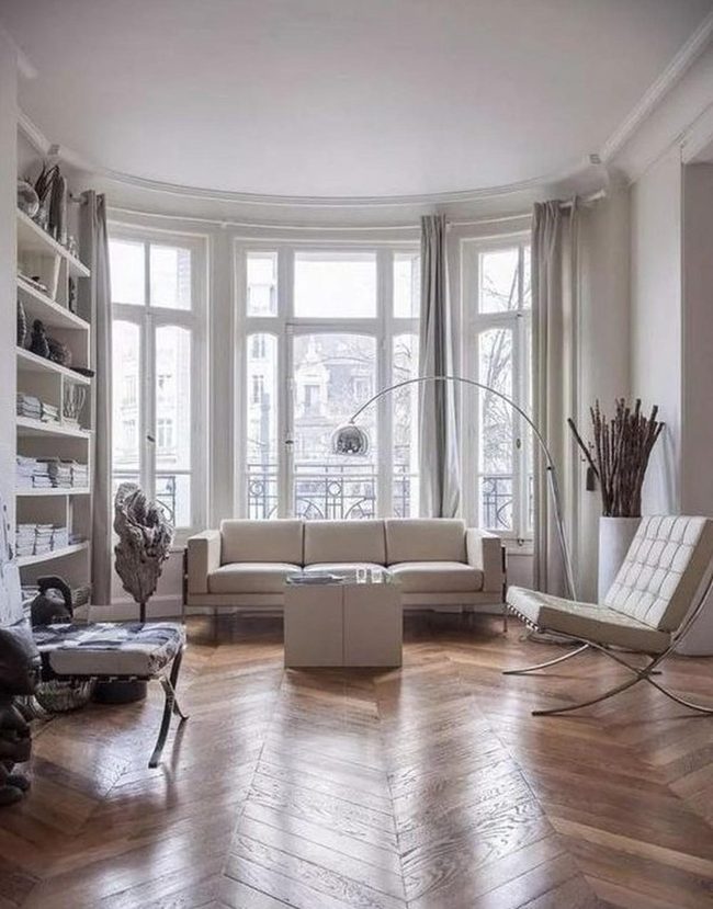 Sunlit Living Room With Herringbone Floors