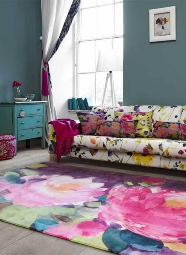 Floral Couch Meets Teal Walls