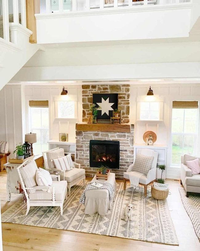 Brick Fireplace Anchors Neutral Seating