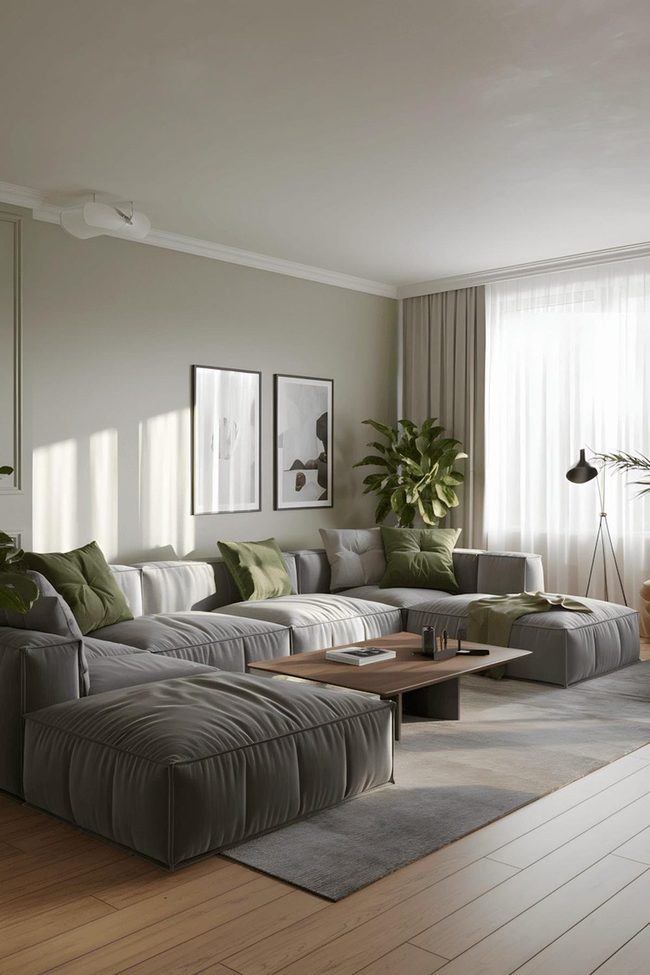 Muted Green Walls With Organic Timber Warmth