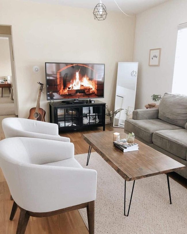 Gray Plush Sofa With Modern Wood Tones