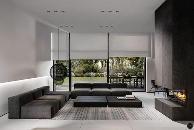 Dark Gray Couch Black Fireplace Wall