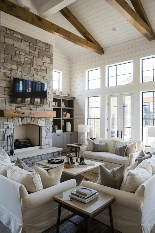 Honey-Toned Wooden Beams Above Stone Fireplace