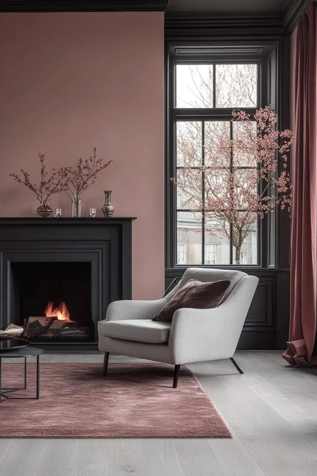 Muted Pink Walls Dark Trim Contrast