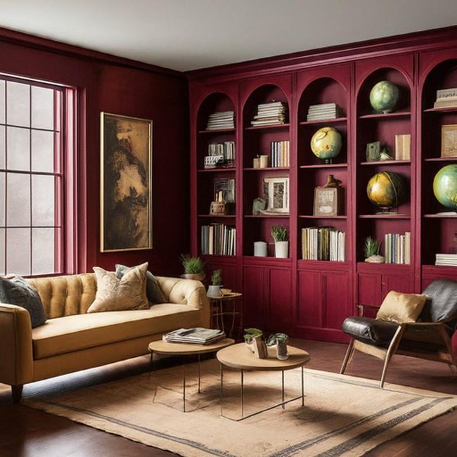 Red Books Pop Against Neutral Shelves