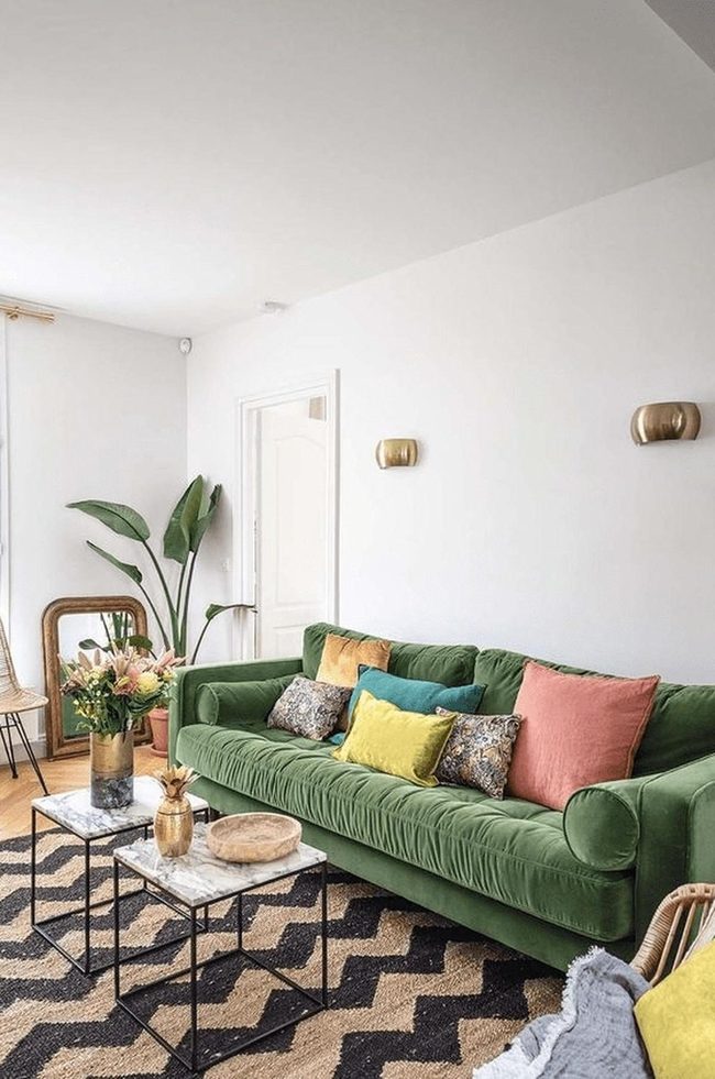 Green Velvet Statement Sofa Room