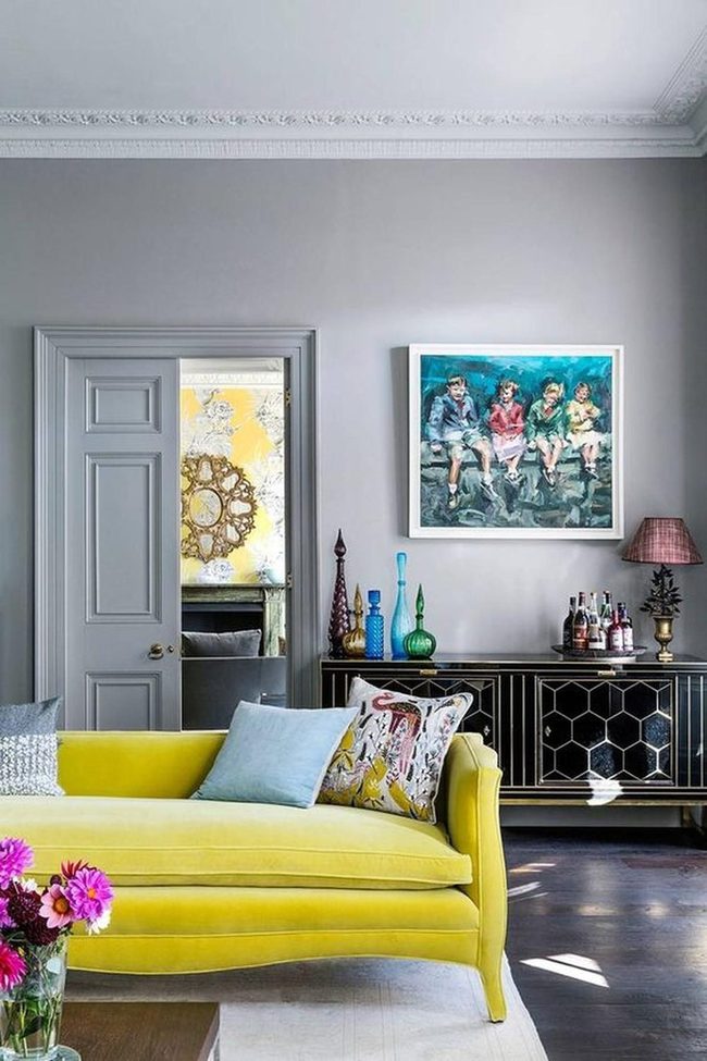 Yellow Sofas, Gray Walls, Golden Details