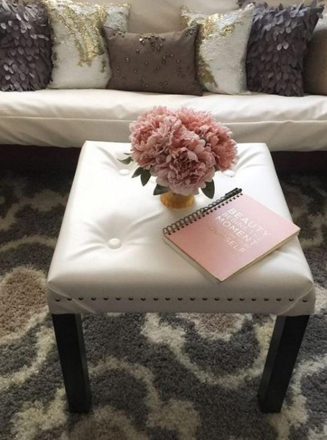 White Tufted Ottoman Pink Flower Centerpiece