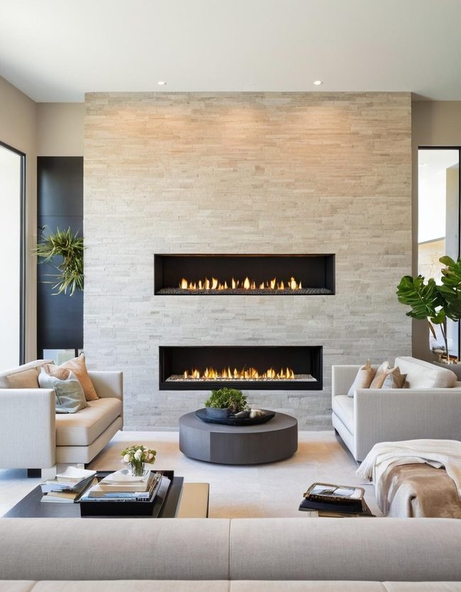 Linear Fireplace with Stone and Wood