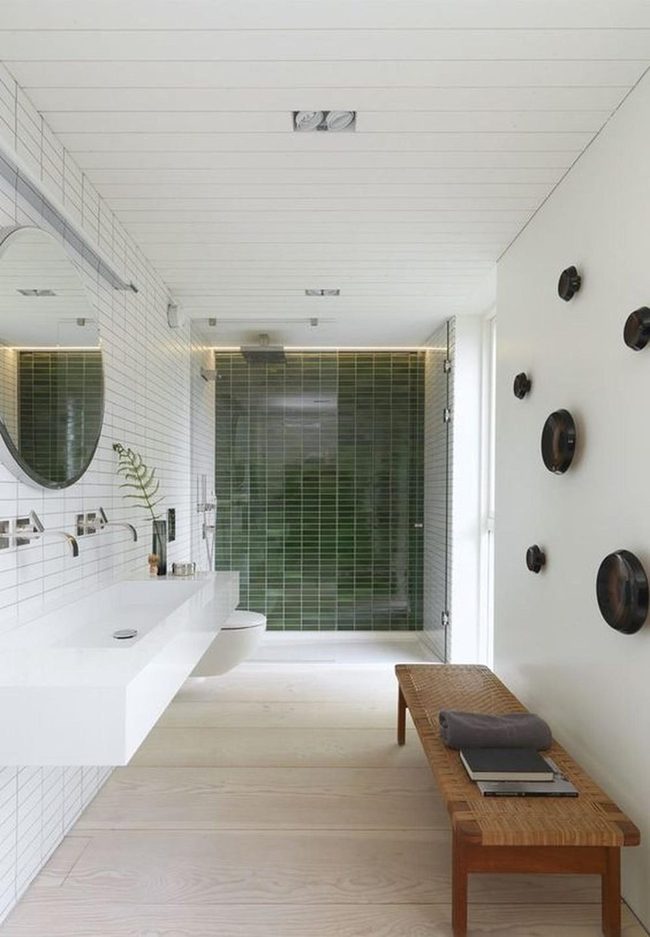 Dark Green Tiles Meet Natural Wood