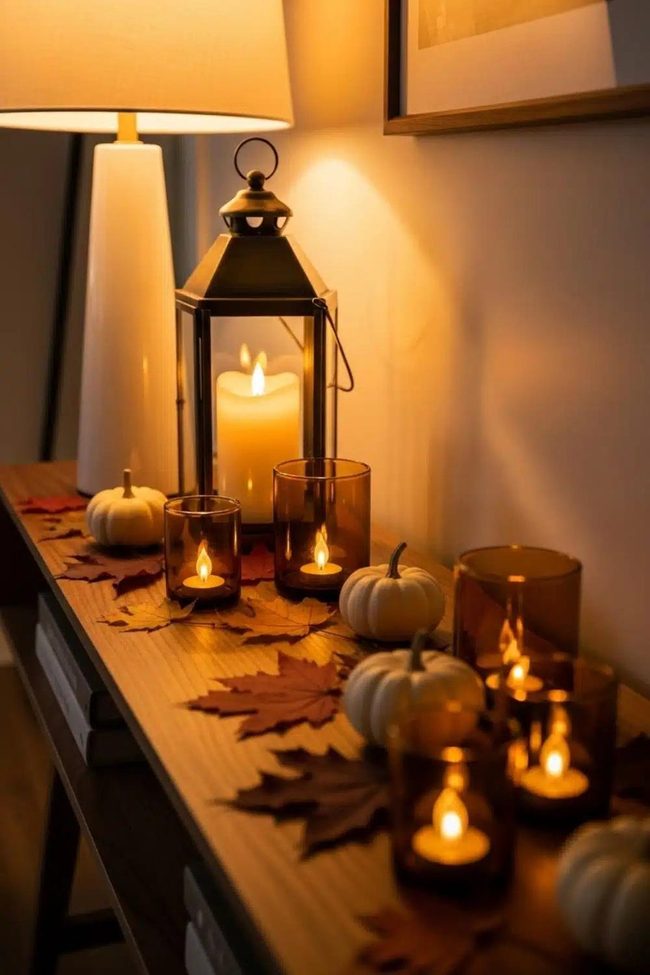 Amber Candlelight On Walnut Console