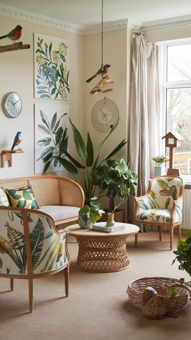 Colorful Birds With Green Plants And Natural Wood