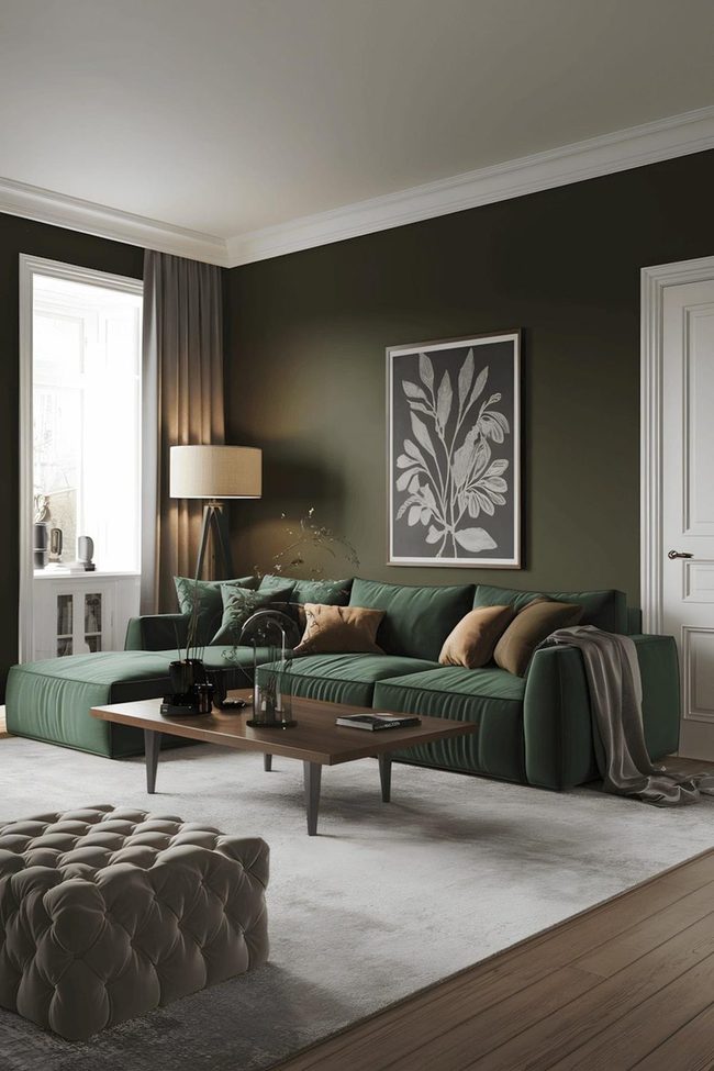 Deep Green Walls With Plush Seating And Botanical Art