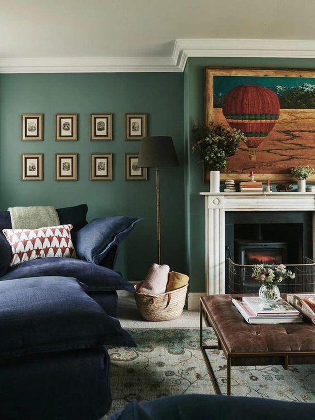 Navy Sofa Deep Green Walls