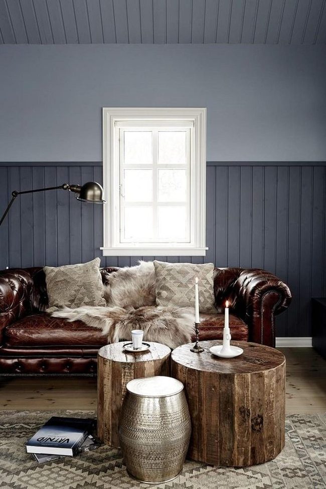 Brown Leather Meets Blue Paneling