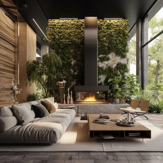 Lush Plants With Earthy Wood