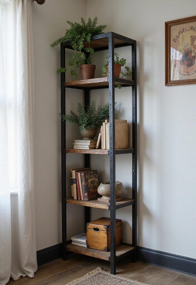 Steel And Reclaimed Oak Corner Shelf